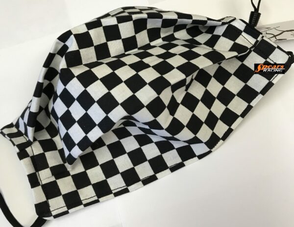 Checkered Flag Mask are all handmade, hand washable, reusable. 100% cotton. They are 2 ply, with nose guard for a sure fit for your nose, elastic to adhere around your ears for a comfortable fit